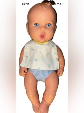 Vintage Gerber Doll with Light Blue Knit Diaper and Floral Bib